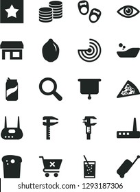 Solid Black Vector Icon Set - magnifier vector, children's bathroom, shoes for little children, eye, crossed cart, coins, Easter cake, piece of pizza, a glass soda, can, lime, calipers, caliper