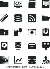 Solid Black Vector Icon Set - rss feed vector, graph, archive, download data, upload folder, big, server, drawer, processor, memory, hdd, usb flash, browser, coding, lan connector, sd card