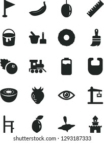 Solid Black Vector Icon Set - yardstick vector, pennant, bib, toy sand set, a chair for feeding, baby train, small yule, paint bucket, wooden brush, eye, blueberries, strawberry, passion fruit, kiwi