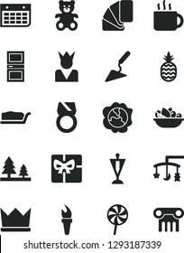 Solid Black Vector Icon Set - toys over the cradle vector, teddy bear, building trowel, sample of colour, interroom door, cake slice, a plate fruit, lollipop, cup tea, pineapple, squash, forest