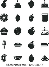 Solid Black Vector Icon Set - cake vector, muffin, slice, torte, birthday, pie, popsicle, jam, strawberry, strawberries, quince, apricot, red apple, mulberry, tasty, half of mango, water melon, kiwi