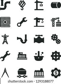 Solid Black Vector Icon Set - crane vector, tower, hook, sewerage, valve, water pipes, hydroelectric station, hydroelectricity, power line, gear, gears, Construction, processor, pipe, metallurgy