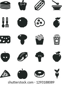Solid Black Vector Icon Set - plates and spoons vector, iron fork, piece of cheese, pizza, Hot Dog, mushroom, cake with a hole, cabbage, peper, French fries, sushi, cup popcorn, omelette, pancakes
