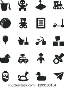Solid Black Vector Icon Set - dummy vector, new abacus, rubber duck, baby duckling, bath ball, motor vehicle present, roly poly doll, toy sand set, children's, teddy bear, train, yule, rocking horse