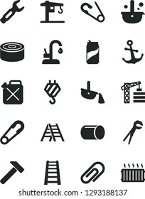 Solid Black Vector Icon Set - clip vector, safety pin, open, crane, tower, hook, adjustable wrench, stepladder, ladder, kitchen faucet, hammer, anchor, canned goods, soda can, canister, pipe