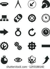 Solid Black Vector Icon Set - clock face vector, right direction, minus, clockwise, tumbler, gear, left bottom arrow, eye, timer, porcini, plate, scheme, wall watch, atom, gears, drawing compass, up