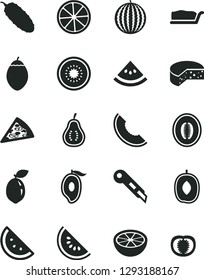 Solid Black Vector Icon Set - stationery knife vector, cheese, piece of pizza, cake slice, cucumber, orange, water melon, half mango, delicious plum, kiwi, tamarillo, sour lime, lemon, grapefruit