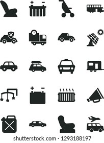 Solid Black Vector Icon Set - horn vector, toys over the cot, Baby chair, car child seat, summer stroller, motor vehicle, delivery, big solar panel, accumulator, battery, canister, retro, autopilot