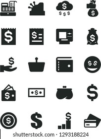 Solid Black Vector Icon Set - purse vector, dollar, shopping basket, denomination of the, article on, financial item, get a wage, cash machine, cashbox, money bag hand, rain, coin, pedestal, wallet