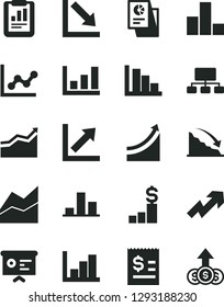 Solid Black Vector Icon Set - growth up vector, bar chart, line, graph, negative, histogram, positive, recession, statistical report, scheme, article on the dollar, research, financial, arrow