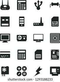 Solid Black Vector Icon Set - monitor window vector, bank card, calculator, lightning, screen, math actions, processor, SIM, engineer, pc power supply, tower, motherboard, usb, router, oscilloscope