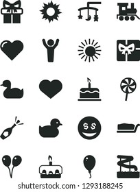 Solid Black Vector Icon Set - heart symbol vector, toys over the cradle, rubber duck, baby duckling, toy train, colored air balloons, balloon, cake, slice, torte, lollipop, gift, giftbox, champagne