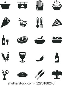 Solid Black Vector Icon Set - iron fork spoons vector, fried vegetables on sticks, piece of pizza, pie, a bowl rice porridge, in saucepan, lettuce plate, grill chicken leg, bacon, barbecue, glass
