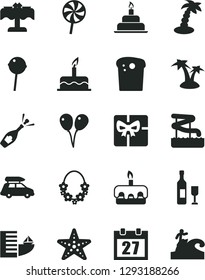 Solid Black Vector Icon Set - daily calendar vector, colored air balloons, cake, birthday, Easter, torte, Chupa Chups, lollipop, giftbox, wine, champagne, car baggage, hotel, palm tree, aquapark