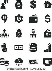 Solid Black Vector Icon Set - dollar vector, coins, column of, denomination the, wallet, money, bag hand, rain, mortgage, pedestal, gear, growth, dialog, pin, atm