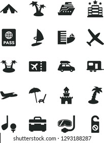 Solid Black Vector Icon Set - suitcase vector, passport, sand castle, plane, car baggage, camper, ticket, hotel, tent, arnchair under umbrella, palm tree, diving mask, golf, cruiser, hammok