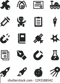 Solid Black Vector Icon Set - horseshoe magnet vector, rocket, space, scientific publication, flask, satellite, bactery, book, clipboard, robot, lunar rover, syringe, patente, ink pen, flame torch