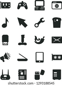 Solid Black Vector Icon Set - Easter cake vector, chili, loudspeaker, computer, tablet pc, motherboard, card, gpu, router, scanner, usb flash, browser, note, joystick, mail, repair, cursor, safe
