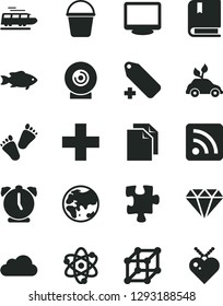 Solid Black Vector Icon Set - clean paper vector, plus, add label, rss feed, children's tracks, Puzzle, e, bucket, alarm clock, lens, fish, planet, environmentally friendly transport, monitor, cloud