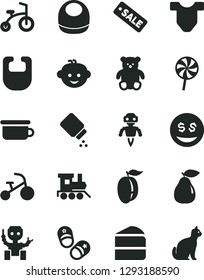 Solid Black Vector Icon Set - baby powder vector, bib, Child T shirt, children's potty, small teddy bear, hairdo, toy train, bicycle, tricycle, shoes, piece of cake, lollipop, pear, ripe plum, robot