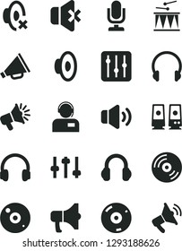 Solid Black Vector Icon Set - desktop microphone vector, horn, loudspeaker, silent mode, drumroll, headphones, CD, regulator, volume, no sound, operator, megaphone, pc speaker, settings