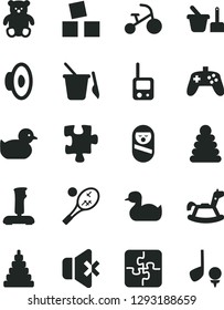 Solid Black Vector Icon Set - loudspeaker vector, rubber duck, baby duckling, stacking rings, toy, roly poly doll, phone, sand set, children's, small teddy bear, rocking horse, cubes for children