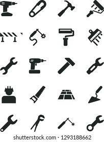 Solid Black Vector Icon Set - paint roller vector, safety pin, building trowel, adjustable wrench, cordless drill, hand saw, spatula, paving slab, road fence, hammer, with claw, builder, welding