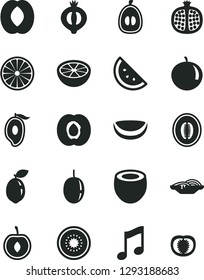 Solid Black Vector Icon Set - music vector, slices of onion, orange slice, half apricot, pomegranate, medlar, mango, peach, melon, tangerine, loquat, cherry, passion fruit, kiwi, sour lime, tomato