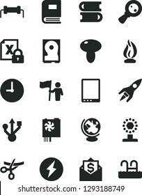 Solid Black Vector Icon Set - books vector, wall clock, mushroom, magnifying glass, tablet pc, encrypting, power supply, hdd, usb, book, globe, flame, rocket, resistor, electricity, cup, money mail