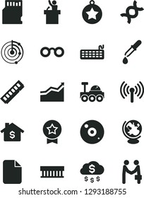 Solid Black Vector Icon Set - radiator fan vector, keyboard, memory, cd, wireless, sd card, file, glasses, dna, pipette, globe, radar, lunar rover, arrow graph, star medal, money rain, mortgage
