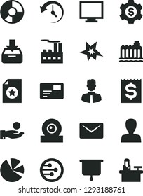 Solid Black Vector Icon Set - monitor vector, woman, employee, pass card, put in a box, hydroelectricity, industrial building, financial item, catch coin, ring diagram, pie charts, web camera, mail