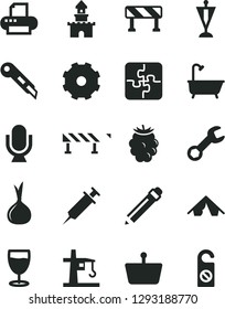 Solid Black Vector Icon Set - truck lorry vector, graphite pencil, Puzzles, bath, stationery knife, road fence, traffic signal, microphone, glass, blackberry, onion, tower crane, shopping basket