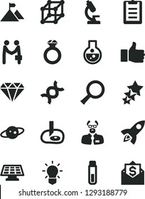 Solid Black Vector Icon Set - flask vector, test tube, microscope, zoom, dna, bulb, scientist, clipboard, artifical insimination, sun panel, saturn, 3d cube, finger up, mountain flag, diamond, ring
