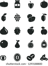 Solid Black Vector Icon Set - cabbage vector, coffee beans, jar of jam, pear, peach, large grape, red apple, fig, blackberry, half melon, loquat, lemon, sour lime, guawa, persimmon, tomato, potato