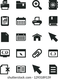 Solid Black Vector Icon Set - clip vector, clean sheet of paper, zoom, folder bookmark, e, home, book, address, delete page, statistical report, calendar, wall, printer, browser, coding, cursor