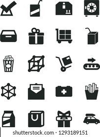 Solid Black Vector Icon Set - cargo trolley vector, bag of a paramedic, e, packing juice with straw, received letter, drawer, strongbox, handles, cardboard box, gift, package, shipment, French fries