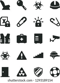 Solid Black Vector Icon Set - warning vector, car child seat, safety pin, open, medical bag, ntrance door, construction helmet, key, encrypting, nuclear, biohazard, stairway, surveillance, safe
