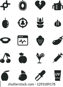 Solid Black Vector Icon Set - measuring cup for feeding vector, broken heart, cardiogram, a plate of milk, cocktail, strawberry, mint, cherry, peach, loquat, delicious plum, passion fruit, garlic