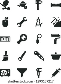 Solid Black Vector Icon Set - paint roller vector, garden trolley, concrete mixer, arm saw, wooden brush, construction level, plummet, stationery knife, coal mining, calipers, caliper, pan, filter