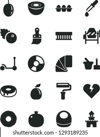 Solid Black Vector Icon Set - paint roller vector, baby bib, toy sand set, Kick scooter, concrete mixer, sample of colour, plastic brush, broken heart, bundle eggs, cake with a hole, blueberries