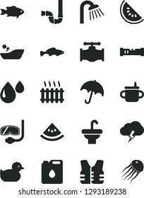 Solid Black Vector Icon Set - mug for feeding vector, baby duckling, children's bathroom, washbasin, shower, siphon, construction level, umbrella, storm cloud, small fish, slice of water melon, drop