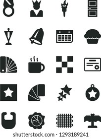 Solid Black Vector Icon Set - bib vector, color samples, sample of colour, interroom door, tile, bell, cake, cup tea, squash, weaving, wall calendar, flame torch, star medal, pennant, certificate