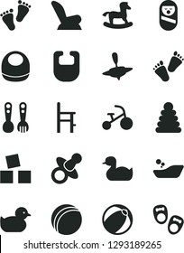 Solid Black Vector Icon Set - dummy vector, bib, baby, car child seat, rubber duck, duckling, bath ball, children's bathroom, stacking rings, roly poly doll, a chair for feeding, plastic fork spoons