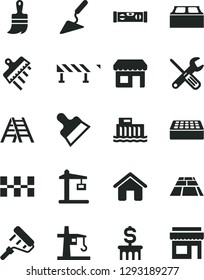 Solid Black Vector Icon Set - house vector, building trowel, small tools, paint roller, wooden brush, ladder, level, ceramic tiles, brick, block, putty knife, spatula, paving slab, road fence, kiosk