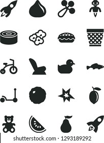 Solid Black Vector Icon Set - wicker pot vector, baby rattle, car child seat, duckling, teddy bear, bicycle, Kick scooter, canned goods, apple pie, cabbage, popcorn, small fish, fig, lemon, rocket