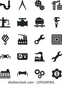 Solid Black Vector Icon Set - tower crane vector, hook, sewerage, valve, factory, hydroelectricity, industrial building, gears, processor, caliper, trolley with coal, three, repair, oscilloscope