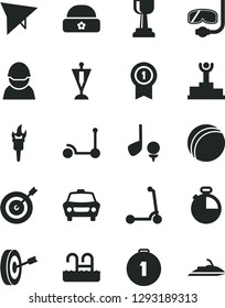 Solid Black Vector Icon Set - bath ball vector, Kick scooter, child, warm hat, timer, car, racer, flame torch, winner podium, gold cup, pennant, target, purpose, first place medal, with, hang glider