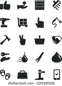 Solid Black Vector Icon Set - cargo trolley vector, chest of drawers, shoes for little children, big core, drill, arm saw, spatula, hammer with claw, index finger, fig, gas welding, shopping basket