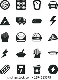 Solid Black Vector Icon Set - lightning vector, dangers, car, sausage, pizza, piece of, Hot Dog, mini, big burger, a bowl buckwheat porridge, French fries, fried potato slices, coffe to go, sandwich