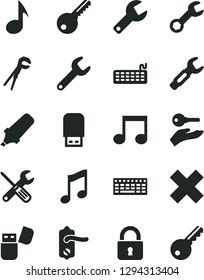 Solid Black Vector Icon Set - repair key vector, cross, small tools, adjustable wrench, door knob, lock, music, steel, text highlighter, keyboard, usb flash, note, arm with
